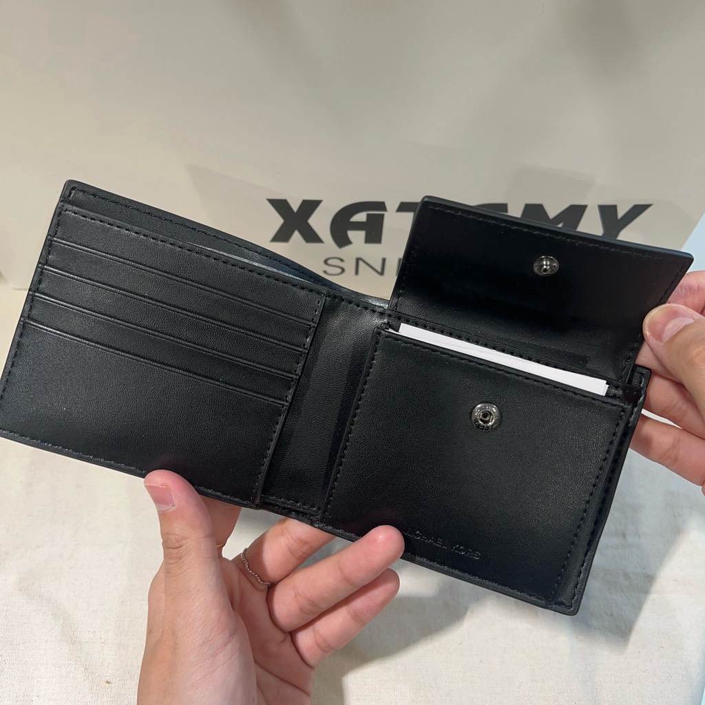 Ví Michael Kors Mens Hudson Pebbled Leather Billfold Wallet With Coin Pouch Black 39T4LHDF3L