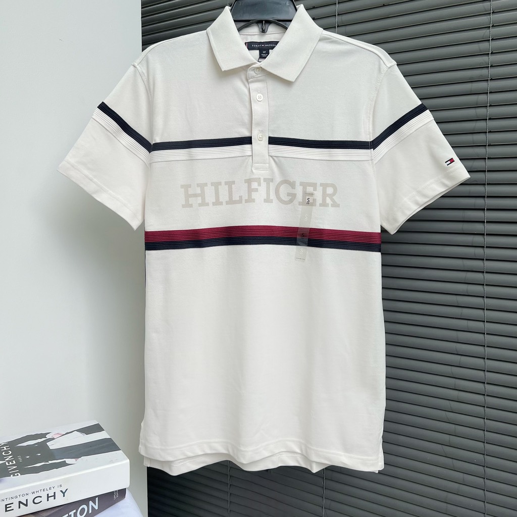 Áo Polo Tommy Hilfiger Regular Fit Global Stripe Monotype Weathered White 78JA885 100