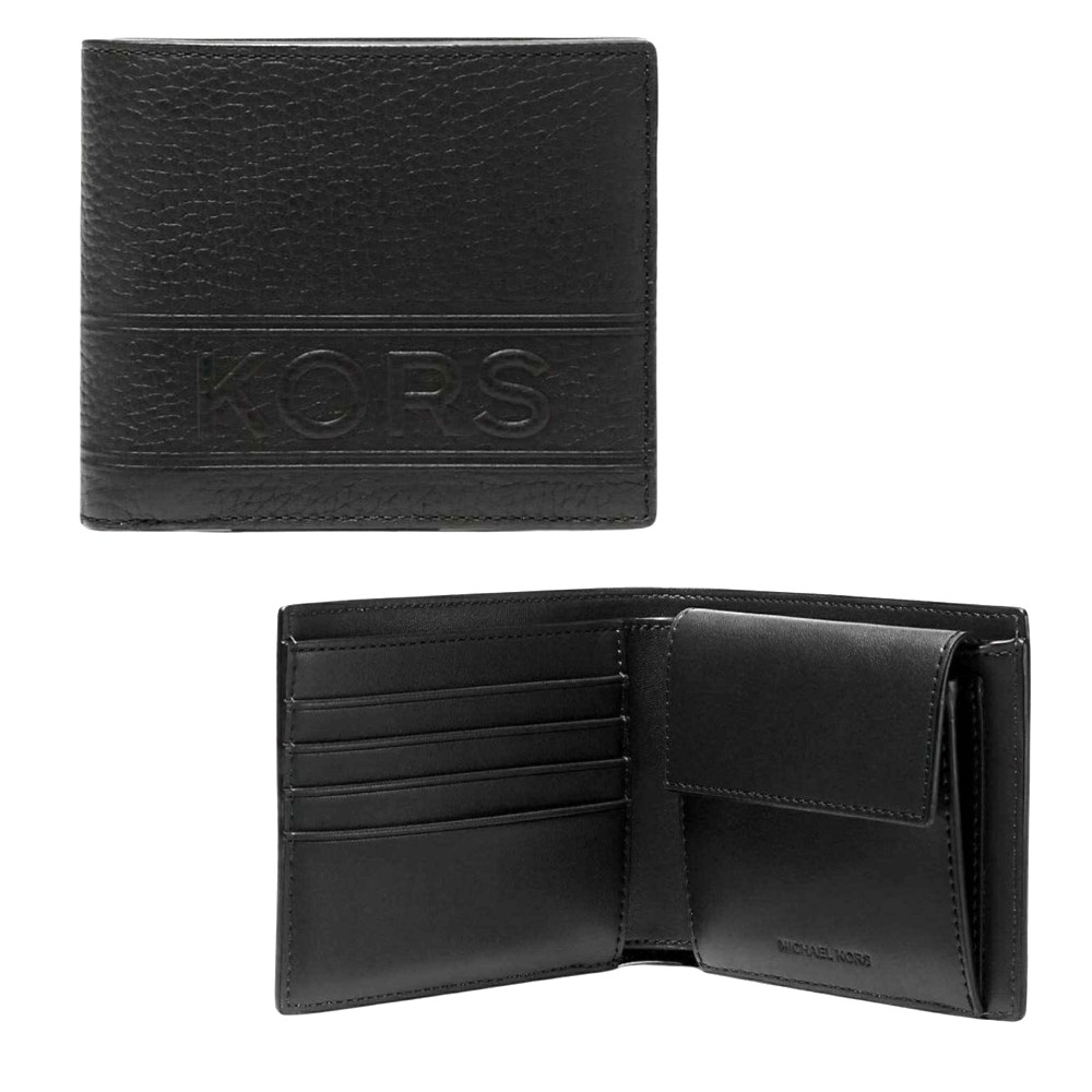 Ví Michael Kors Mens Hudson Pebbled Leather Billfold Wallet With Coin Pouch Black 39T4LHDF3L