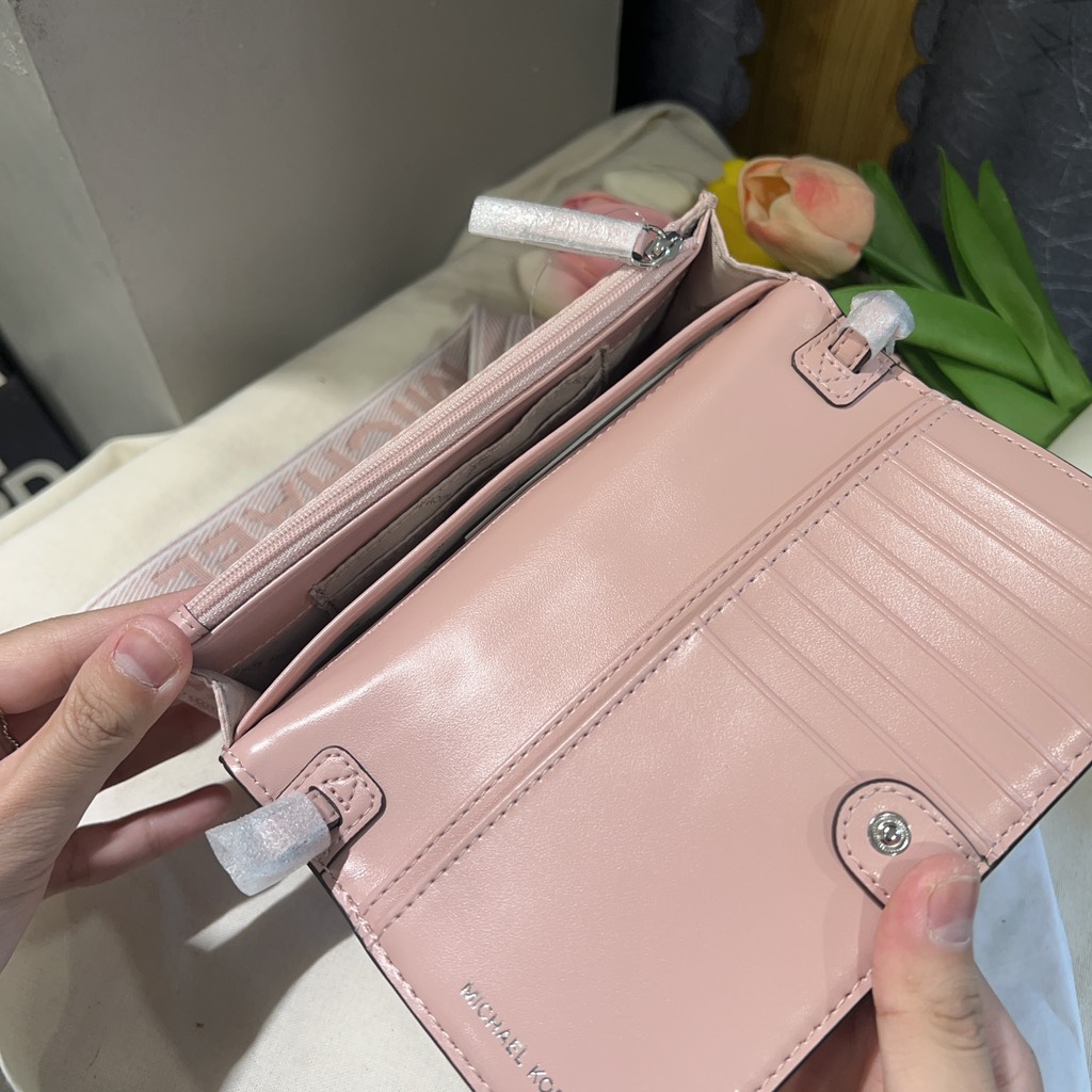 Túi Michael Kors Jet Set Small Signature Logo Print Woven Smartphone Crossbody Bag Smokey Rose 32S5SJ6C1C