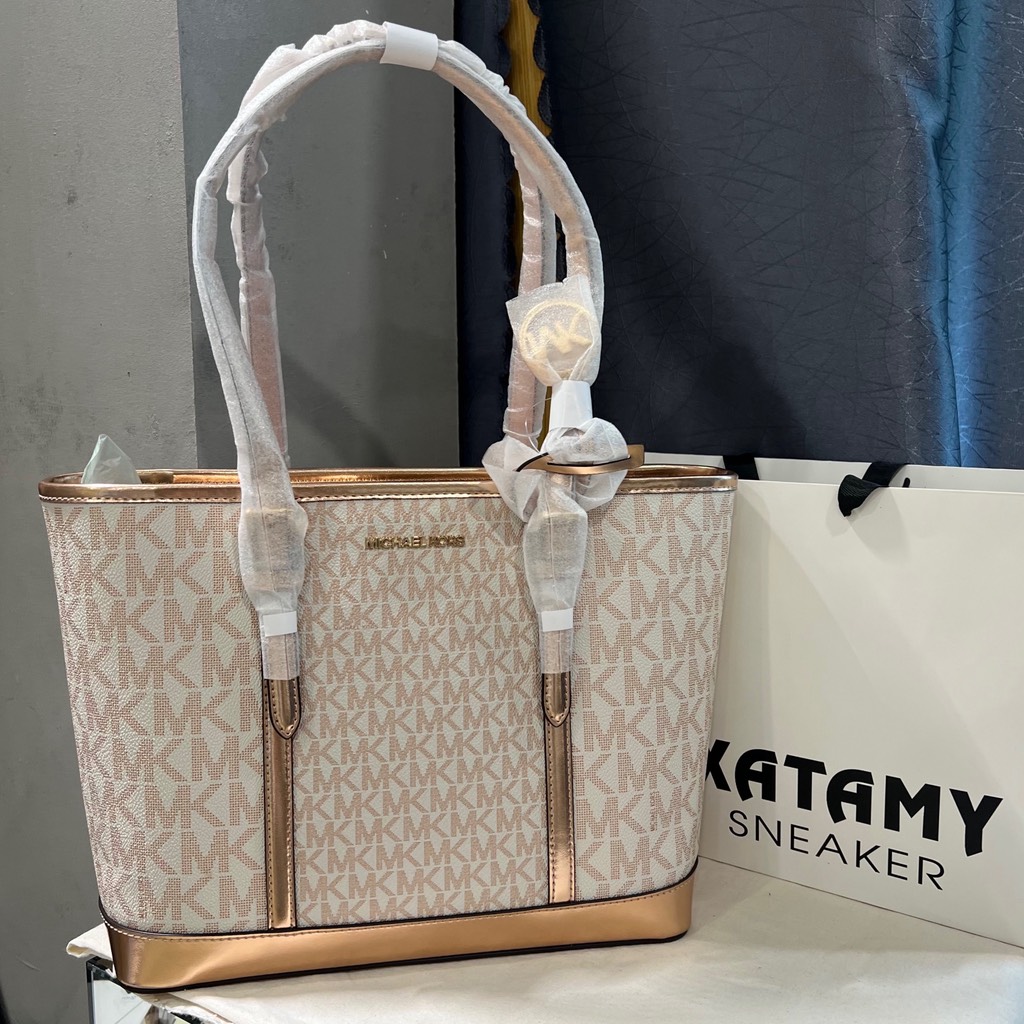 Túi Michael Kors Jet Set Travel Small Metallic Logo Top-Zip Tote Bag Rose Gold 35F4GTVT1M