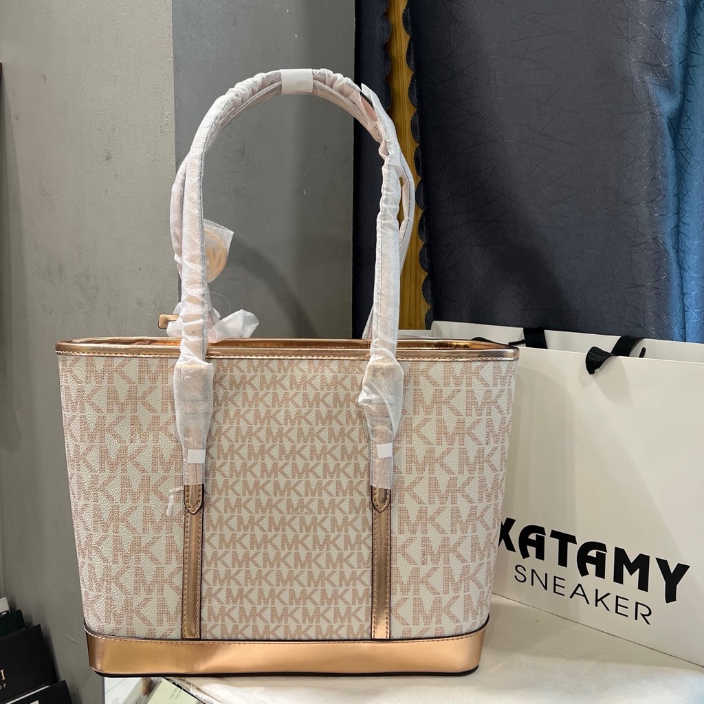 Túi Michael Kors Jet Set Travel Small Metallic Logo Top-Zip Tote Bag Rose Gold 35F4GTVT1M