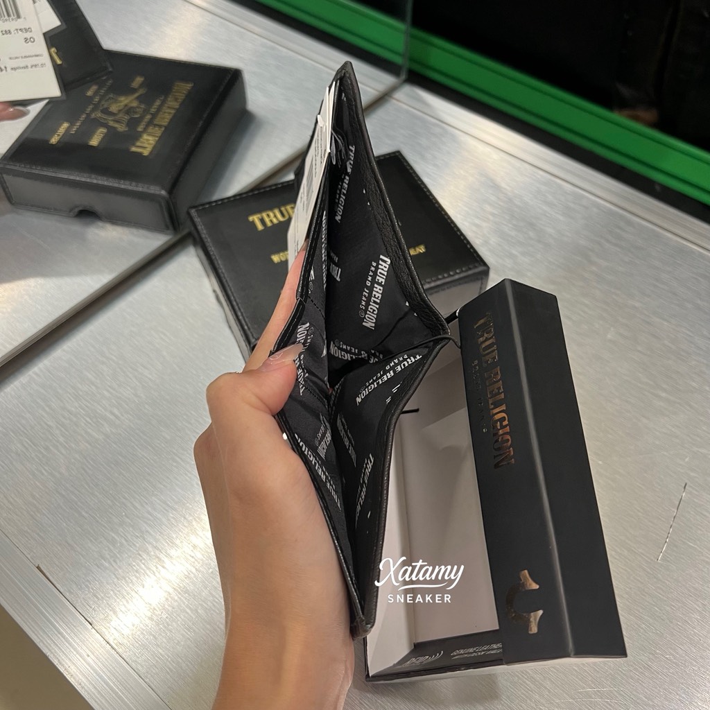 Ví True Religion 'Aglet' Slim Bifold RIFD Leather Wallet Black Gold TR203418