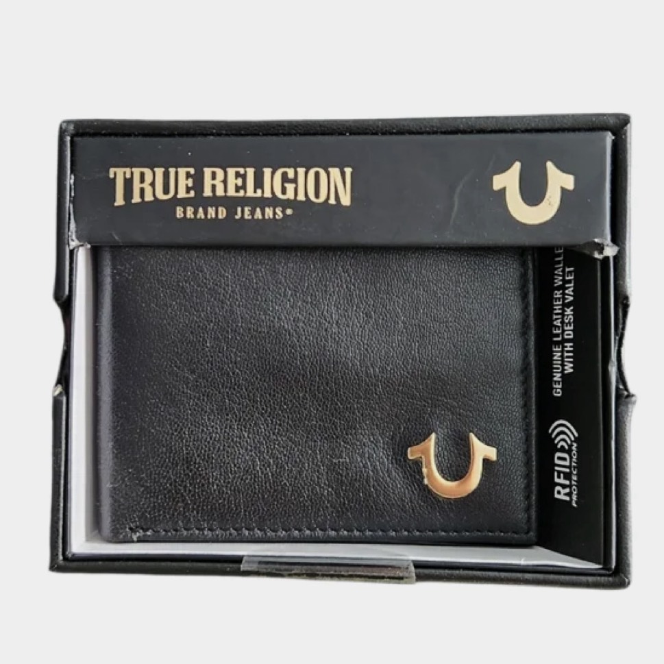 Ví True Religion 'Aglet' Slim Bifold RIFD Leather Wallet Black Gold TR203418