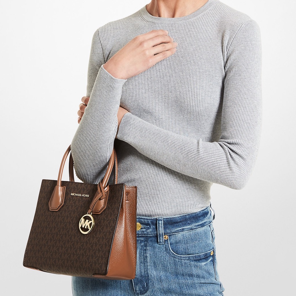 Túi Michael Kors Mercer Medium Logo and Leather Accordion Crossbody Bag Brown 35S1GM9M2B