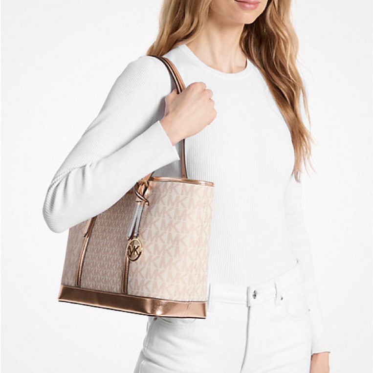 Túi Michael Kors Jet Set Travel Small Metallic Logo Top-Zip Tote Bag Rose Gold 35F4GTVT1M
