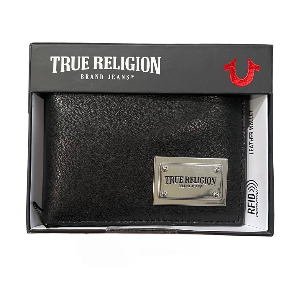 Ví True Religion Men's Genuine Leather Black Bifold Wallet RFID Metal Plate Logo TR204288
