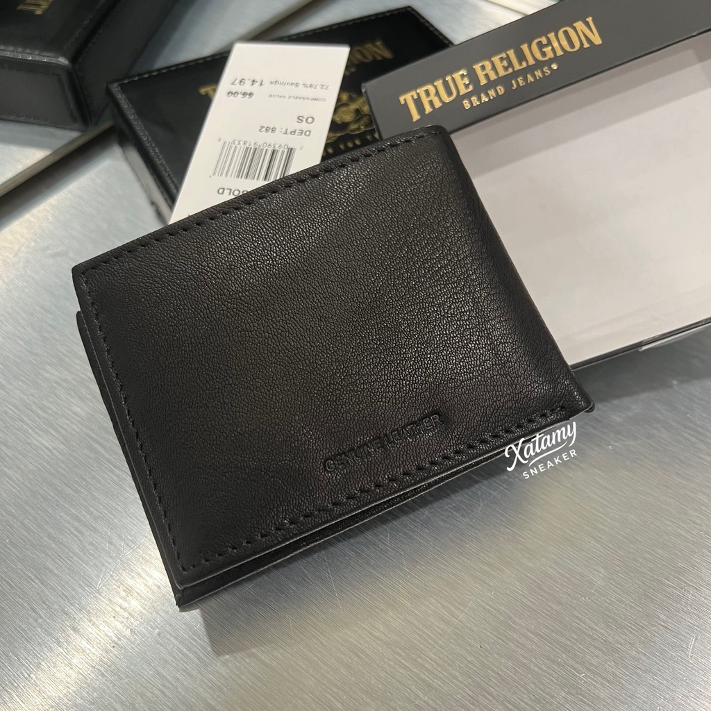 Ví True Religion 'Aglet' Slim Bifold RIFD Leather Wallet Black Gold TR203418