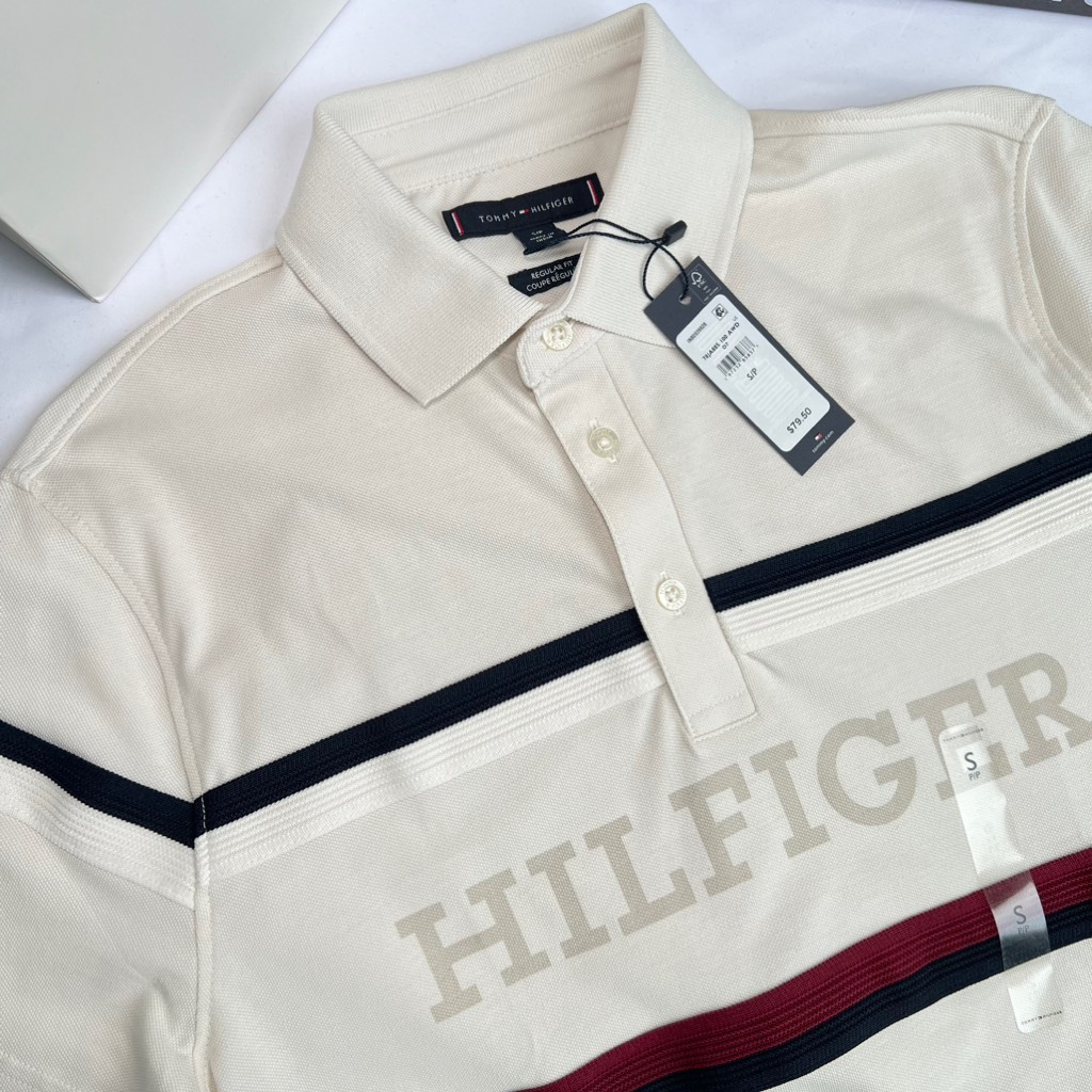 Áo Polo Tommy Hilfiger Regular Fit Global Stripe Monotype Weathered White 78JA885 100