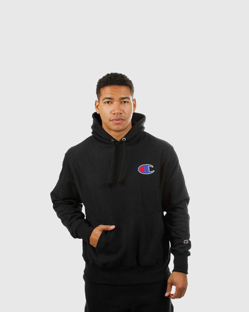 Áo Champion hoodie đen logo thêu ngực trái