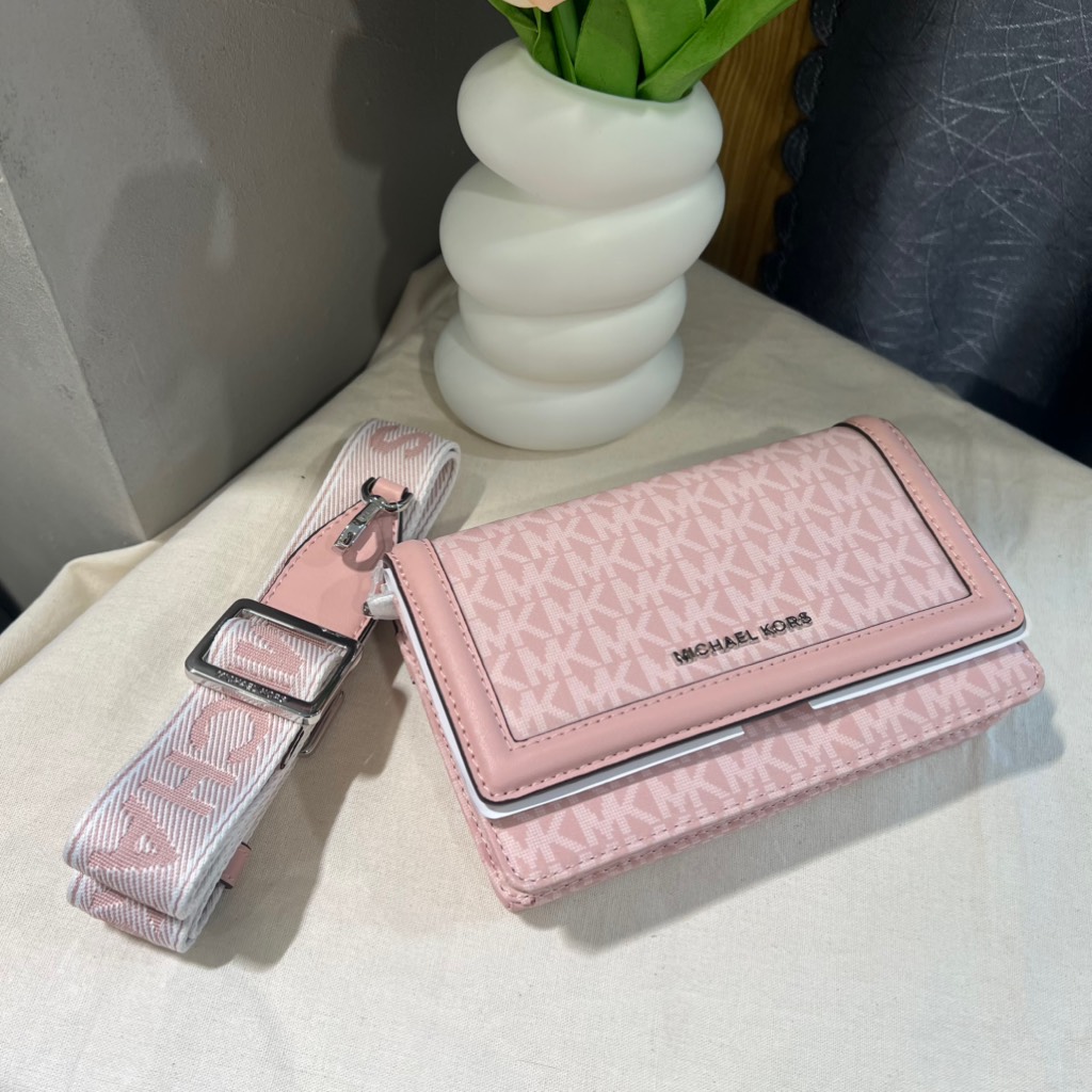Túi Michael Kors Jet Set Small Signature Logo Print Woven Smartphone Crossbody Bag Smokey Rose 32S5SJ6C1C
