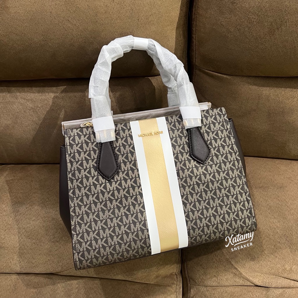 Túi Michael Kors Marilyn Medium Signature Logo Stripe Satchel Brown 35F5G6AS6V