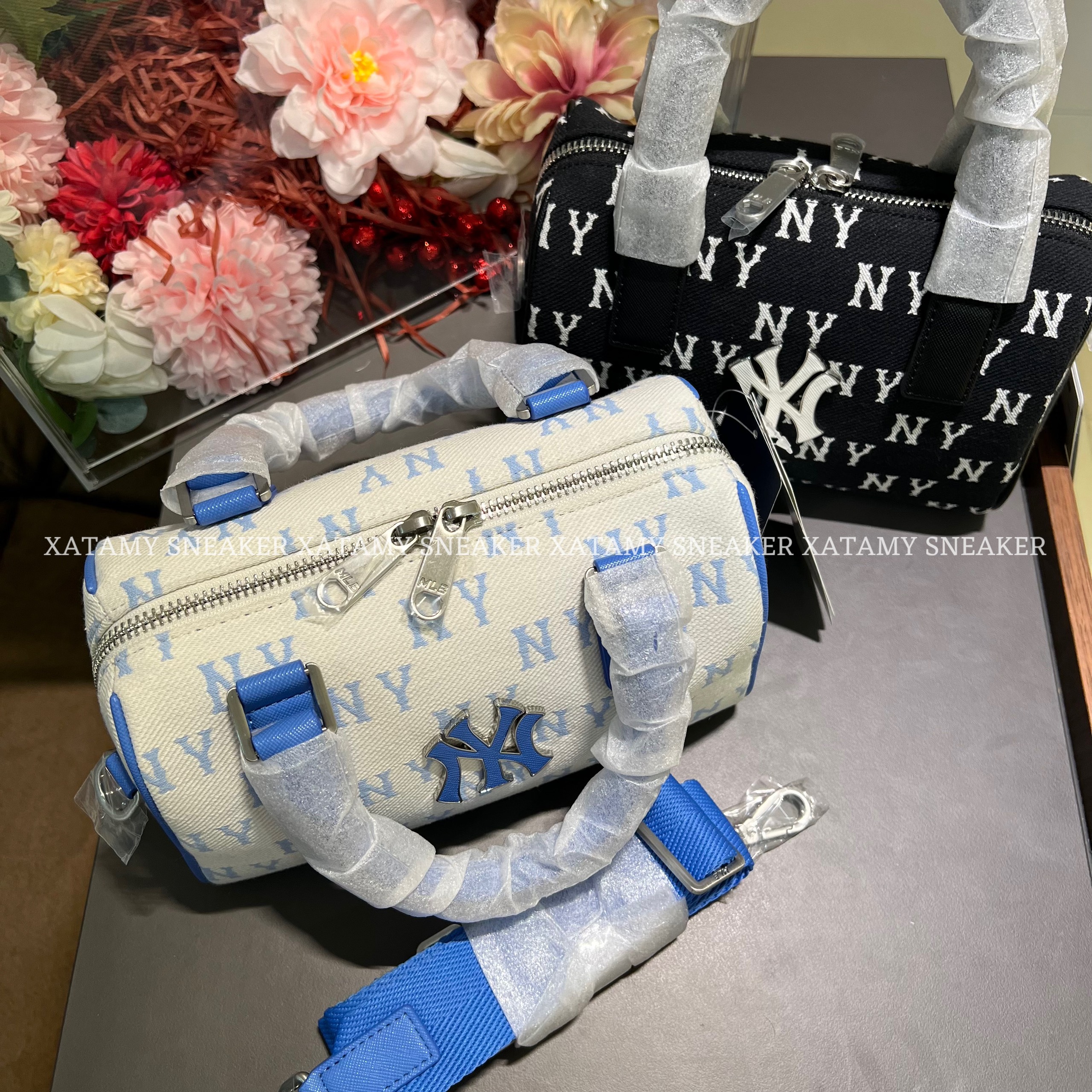 Túi MLB Classic Monogram Jacquard Small Boston Bag NY Sky Blue 3ABWS014N 50SBD