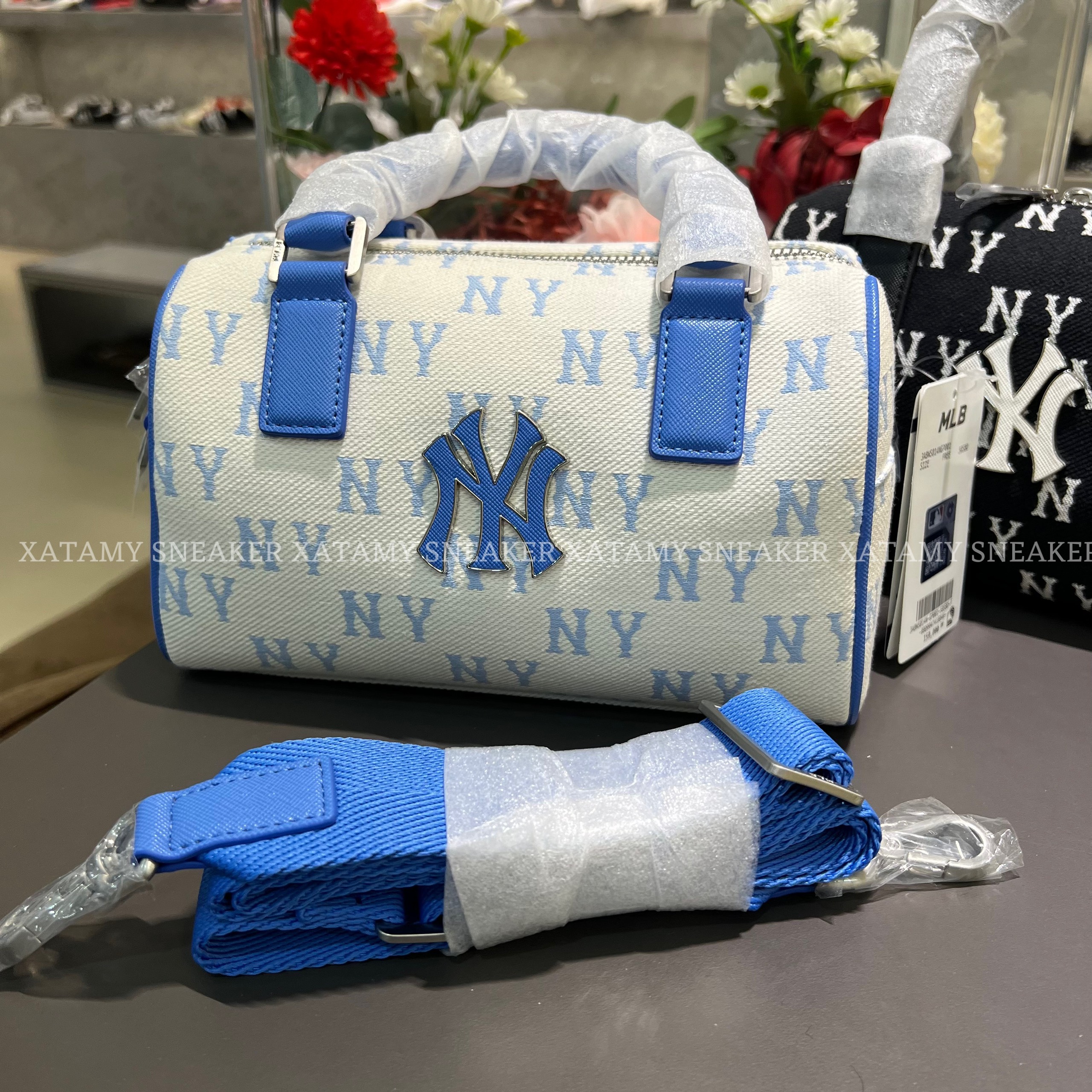 Túi MLB Classic Monogram Jacquard Small Boston Bag NY Sky Blue 3ABWS014N 50SBD