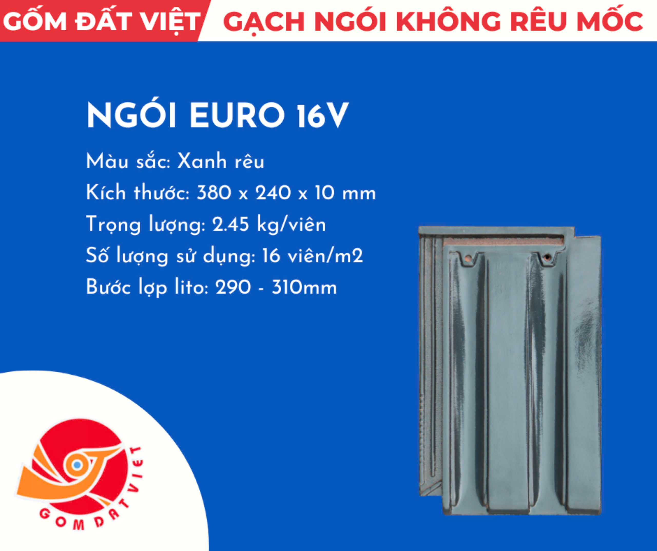 Ngói EuroTYPE Đất Việt 16viên/m2 Màu xanh rêu