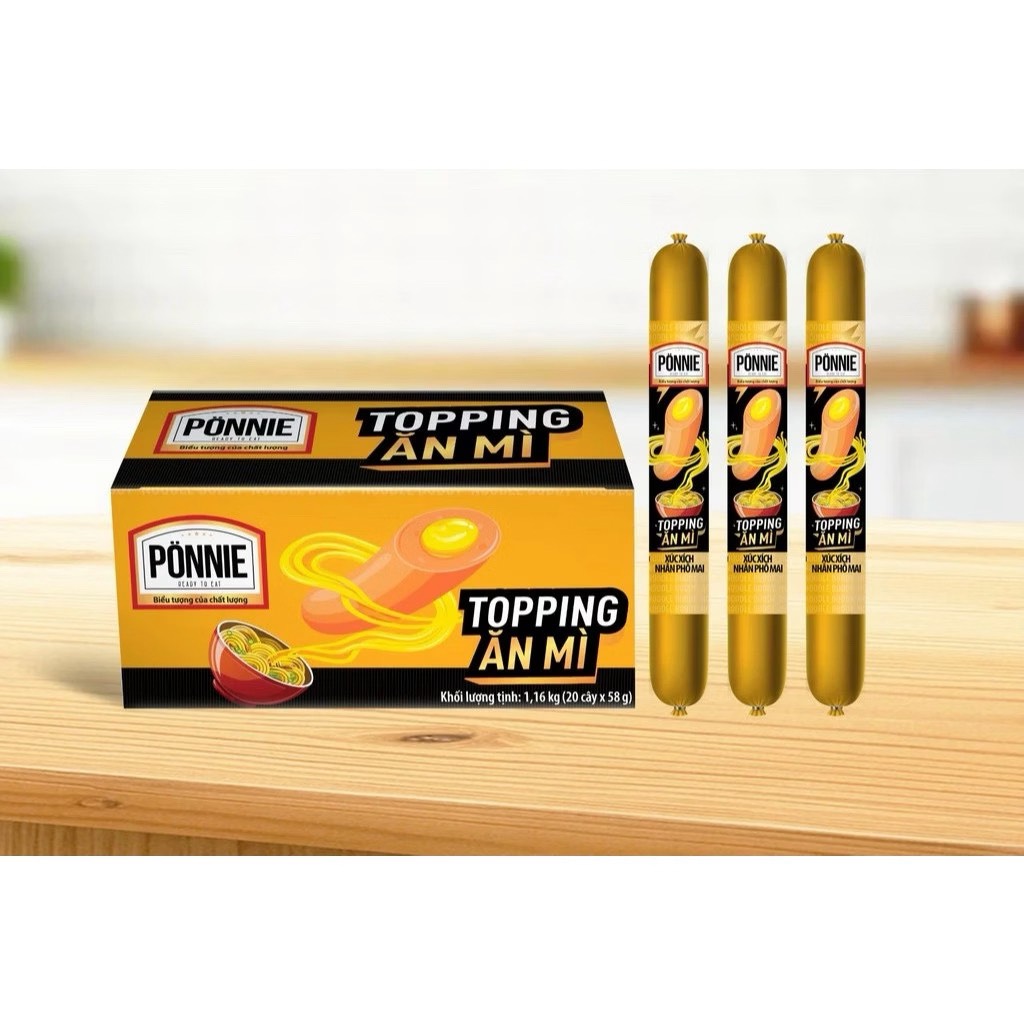 Xúc xích Ponnie nhân phô mai Tiệt Trùng Ăn liền 10 cây x hộp x 58g