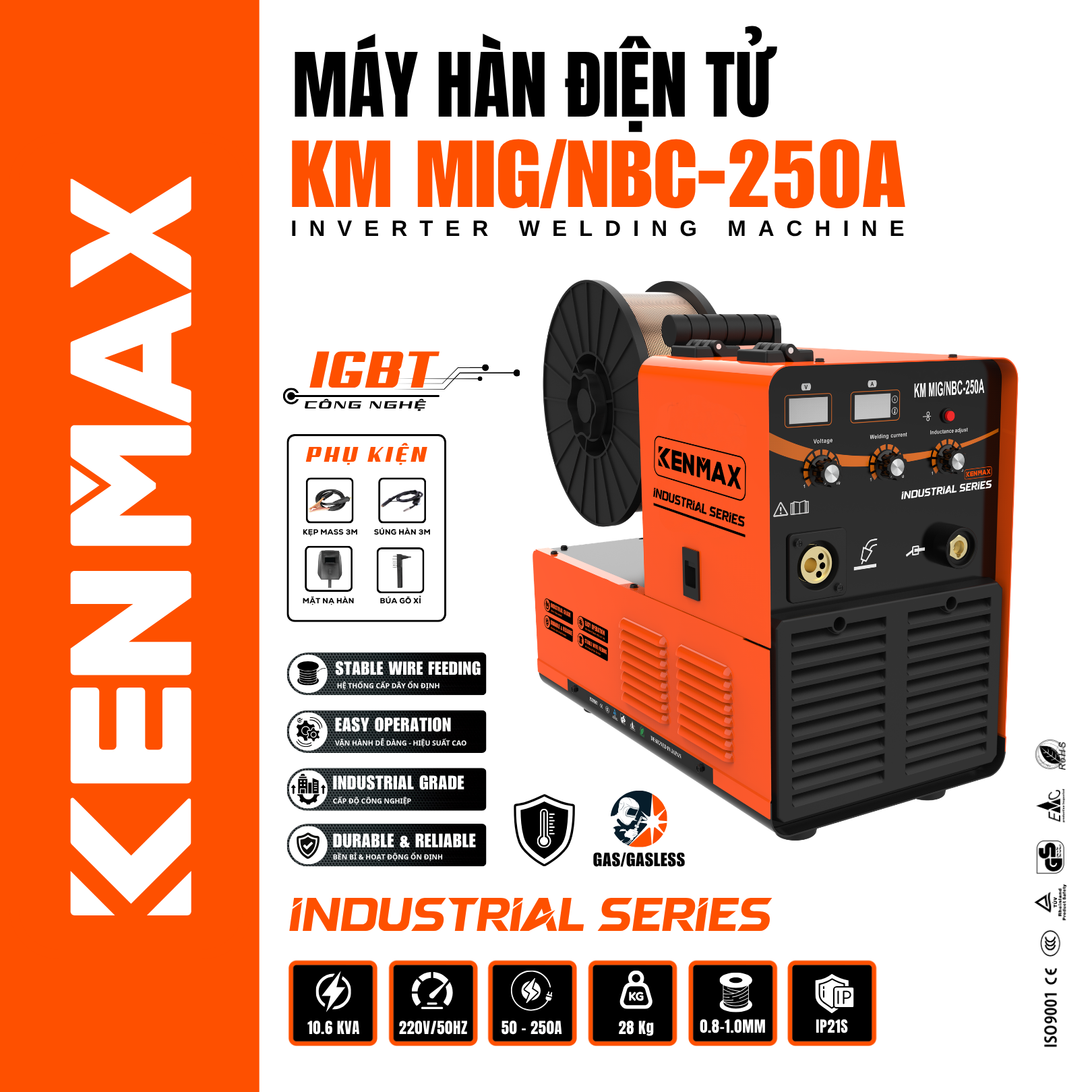 MÁY HÀN ĐIỆN TỬ KENMAX KM MIG/NBC-250A (INDUSTRIAL SERIES)
