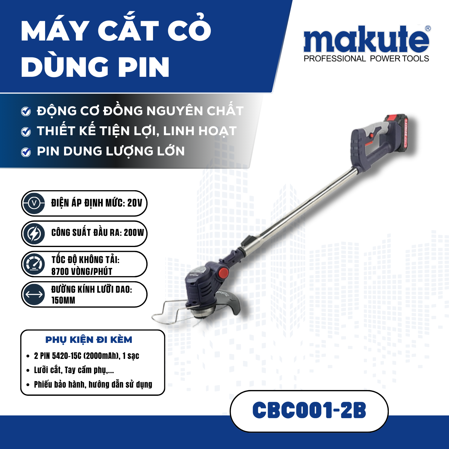 Máy cắt cỏ pin CBC001-2B (Gồm 2 pin+1 sạc)