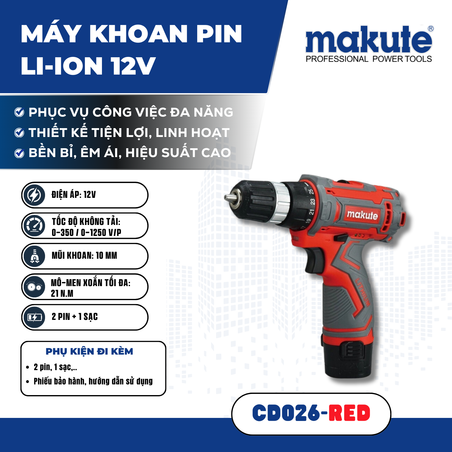 Máy khoan pin LI-ION CD026 RED (CD126) (12V)