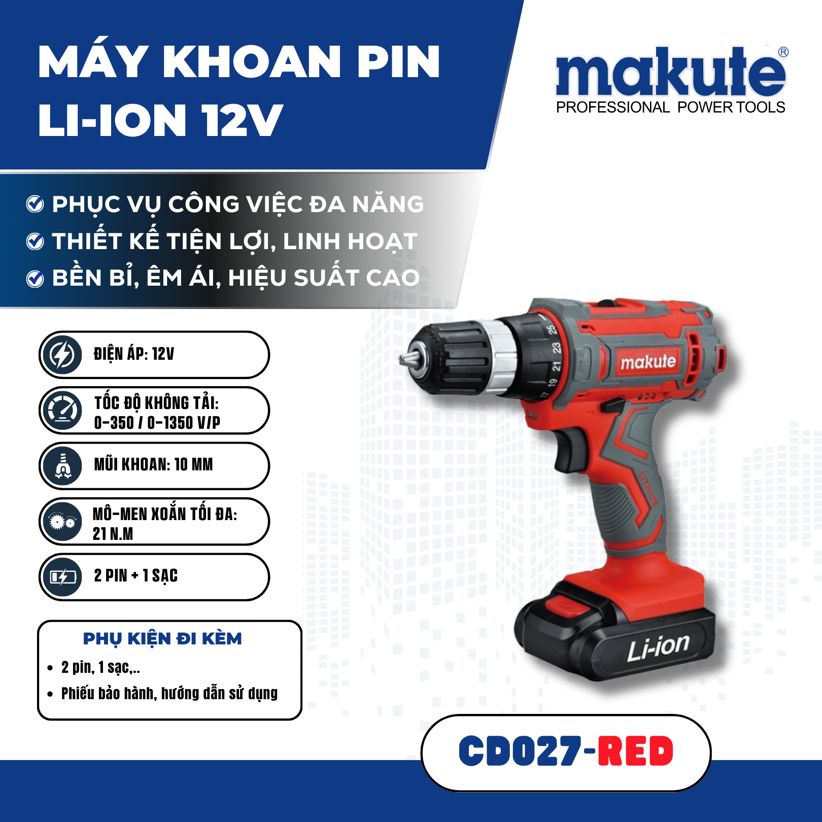 Máy khoan pin LI-ION CD027 RED (CD127) (12V)