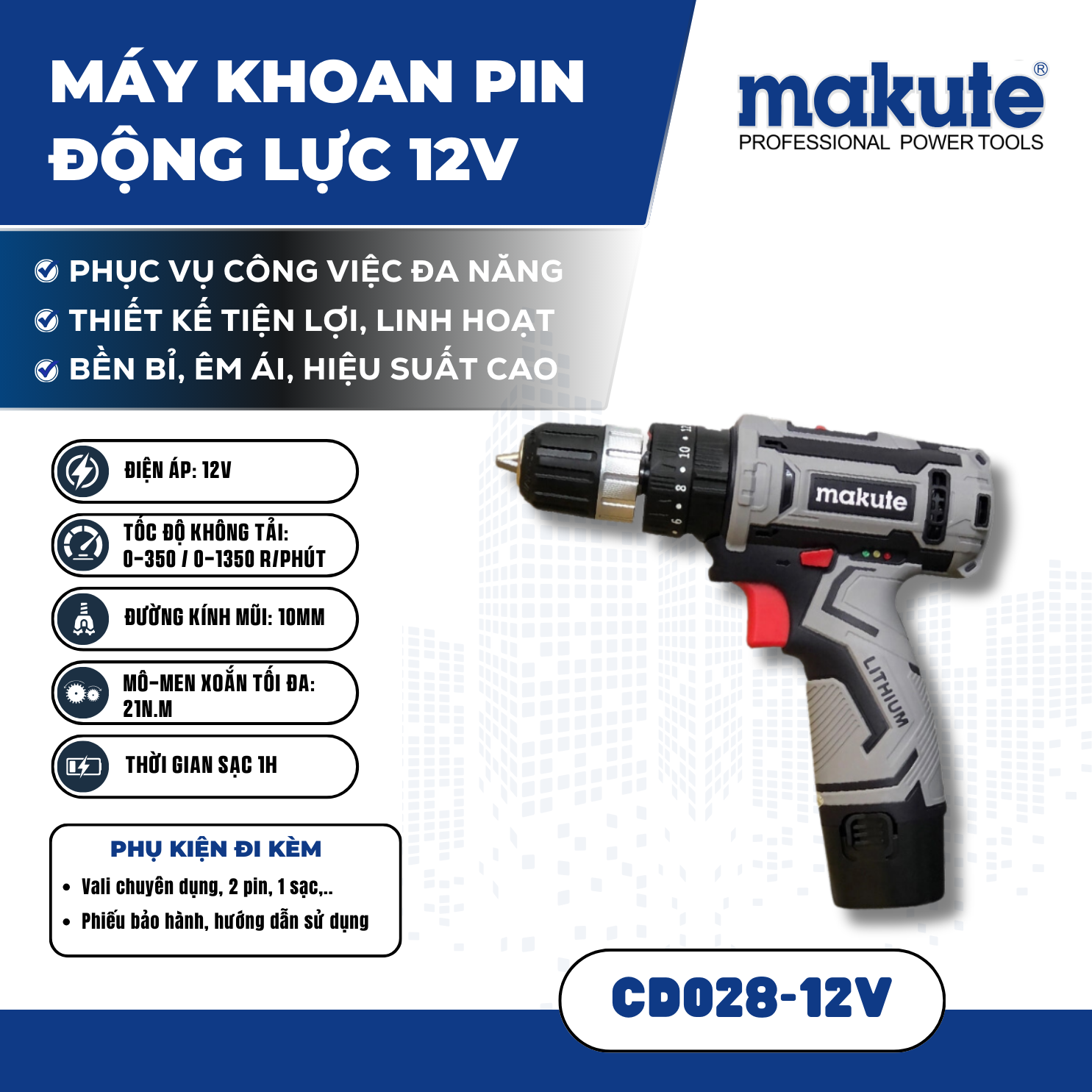 Máy khoan pin động lực CD028  (12V)