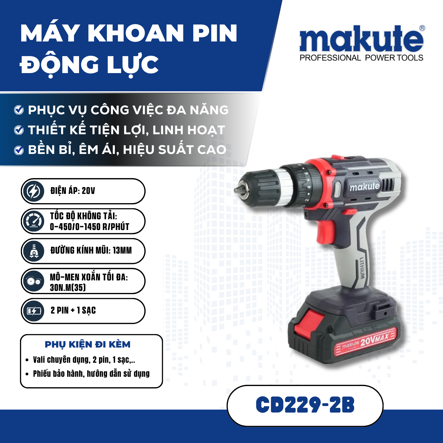 Máy Khoan pin động lực CD229-2B gồm 2 pin và 1 sạc