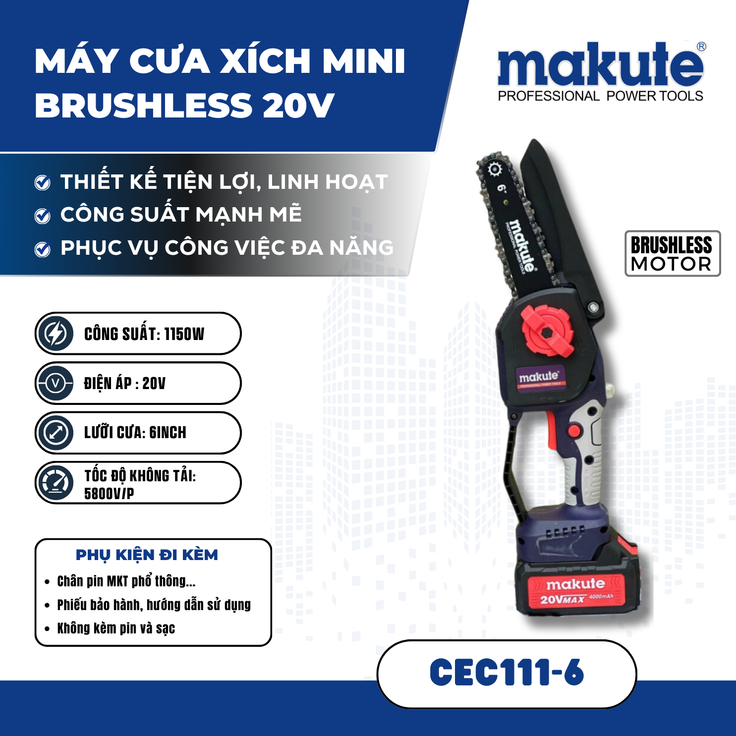 Máy cưa xích mini brushless 20V. CEC111-6