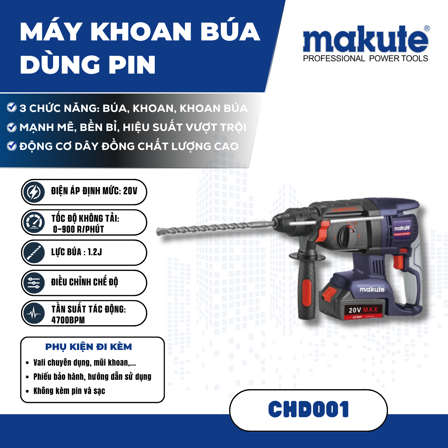 Máy khoan búa dùng  pin CHD001(20V)
