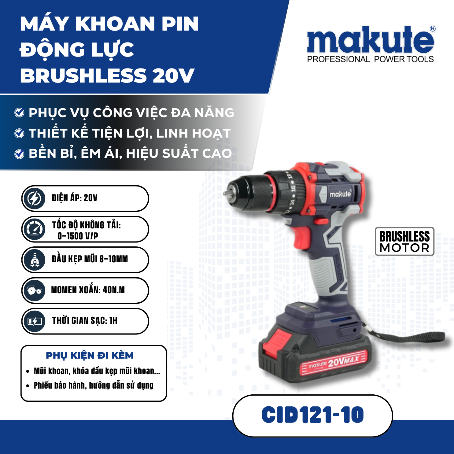 Máy khoan pin động lực brushless 20V CID121-10