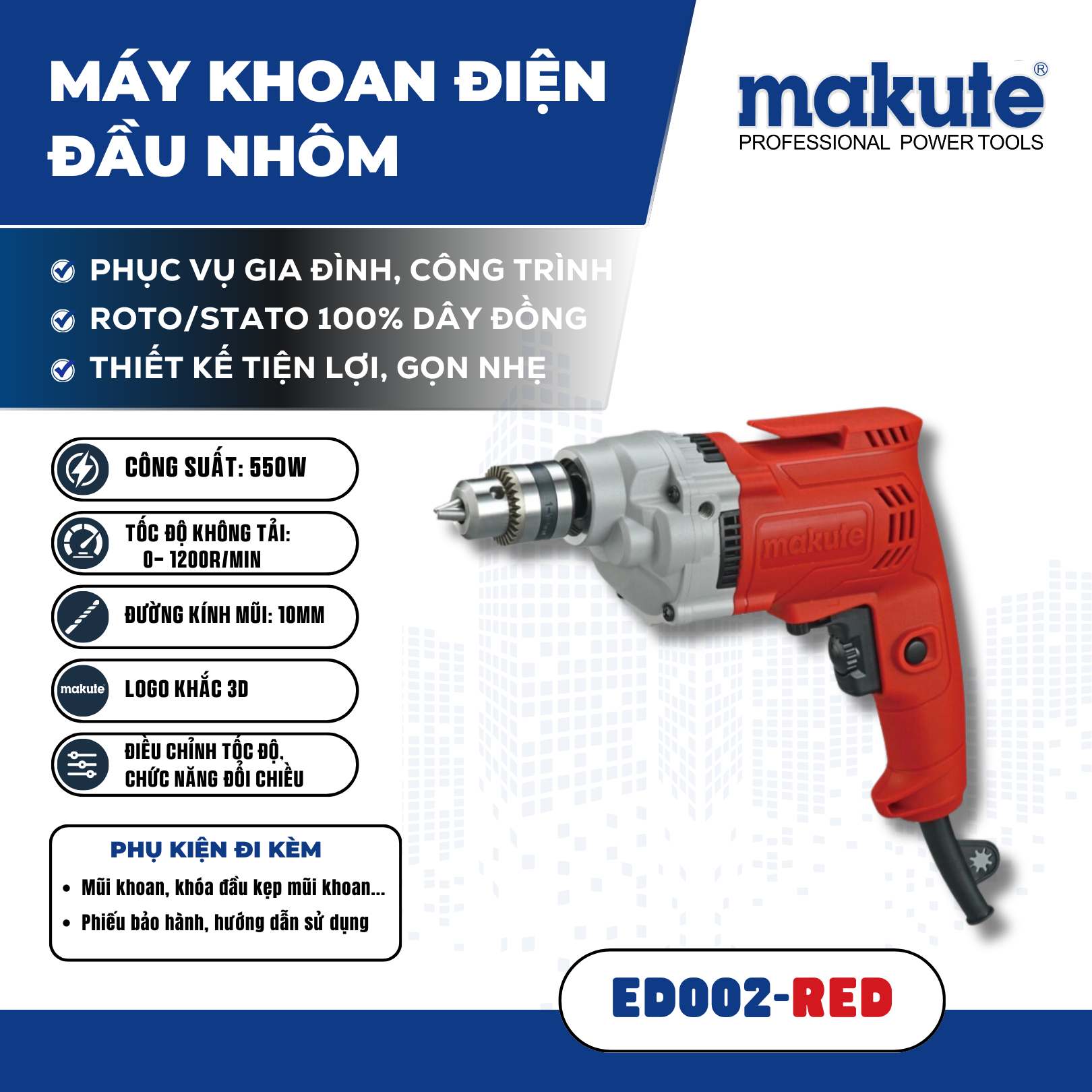 Máy khoan điện (đầu nhôm) ED002 RED
