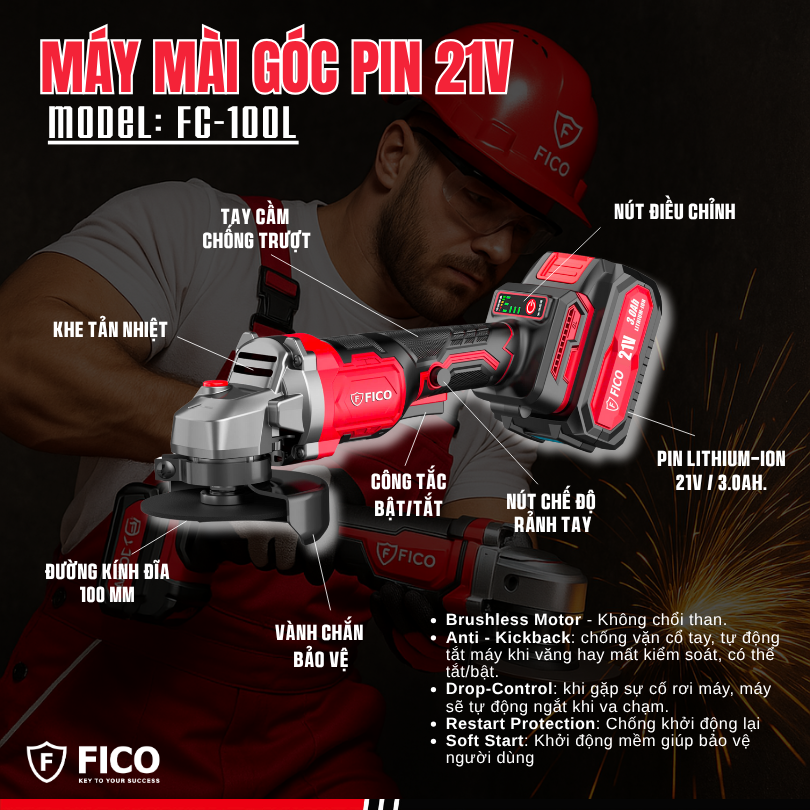 MÁY MÀI GÓC PIN 21V FICO | FC-100L