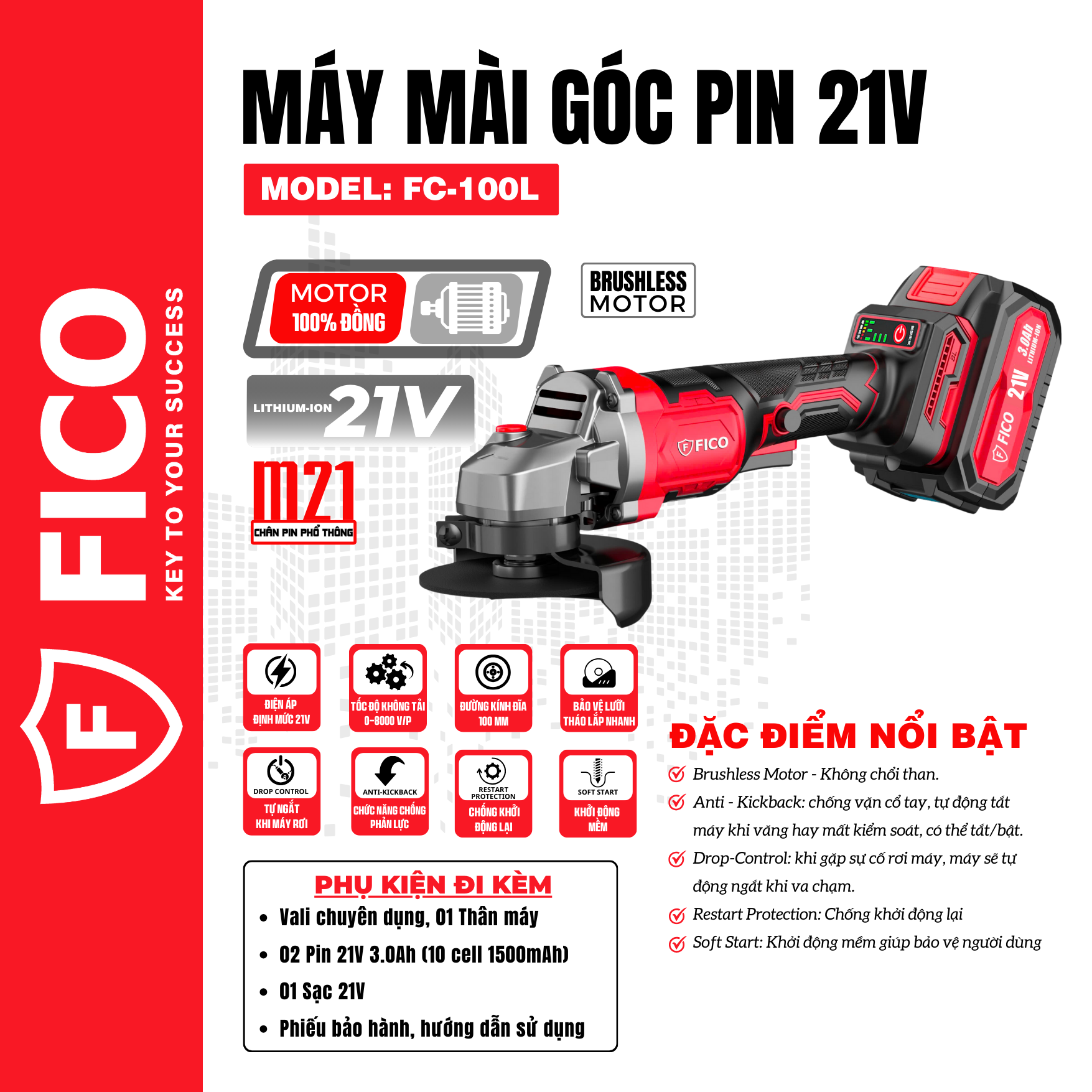 MÁY MÀI GÓC PIN 21V FICO | FC-100L