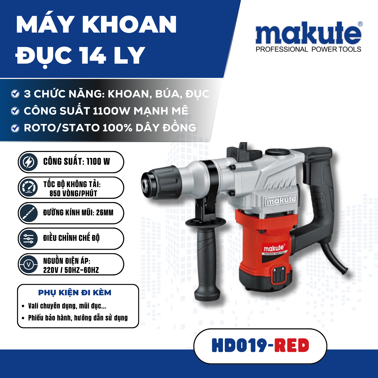 Máy khoan đục (14ly) HD019 RED