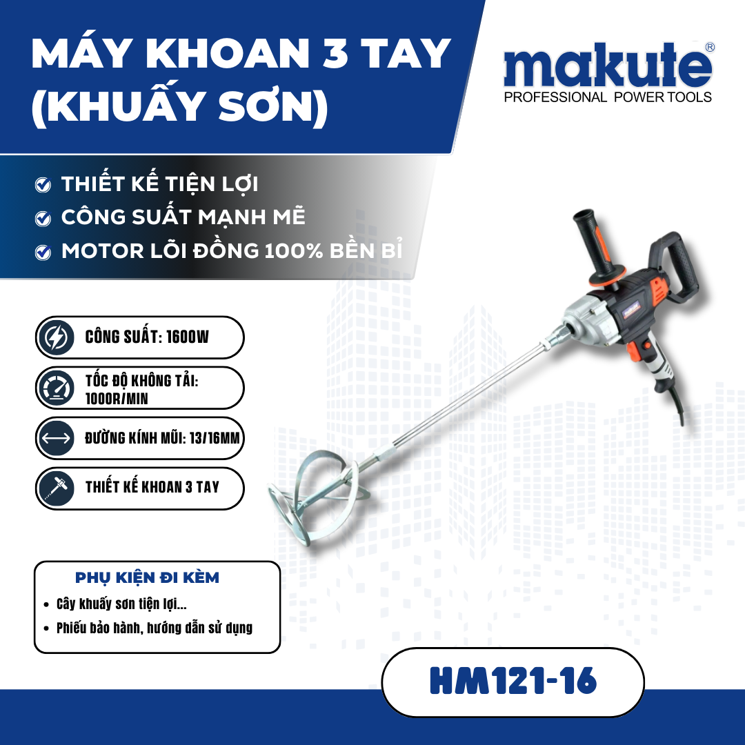 Máy khoan 3 tay, có khuấy sơn full hộp có sẵn cây khuấy HM121-16