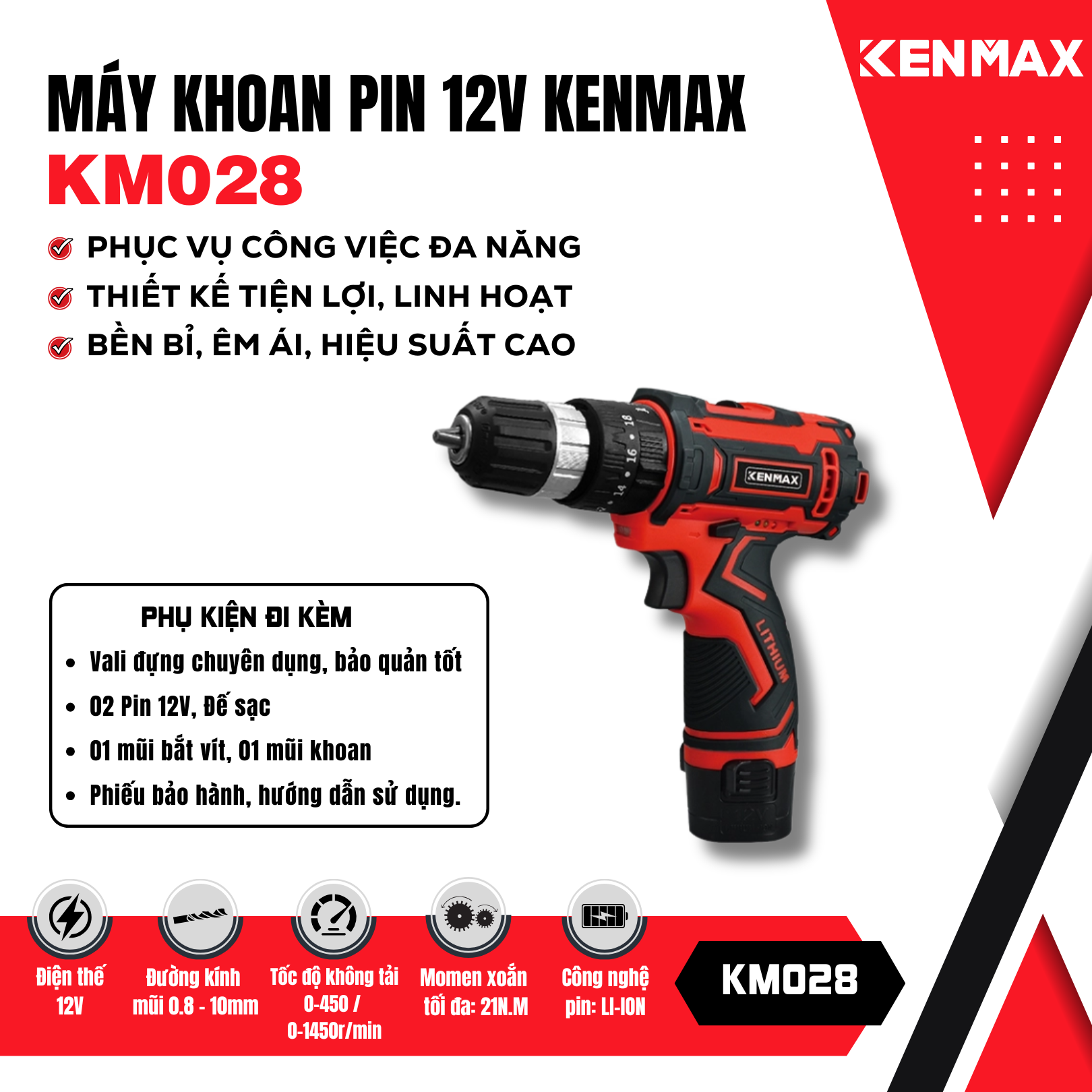 Máy khoan pin ĐỘNG LỰC KENMAX | KM028
