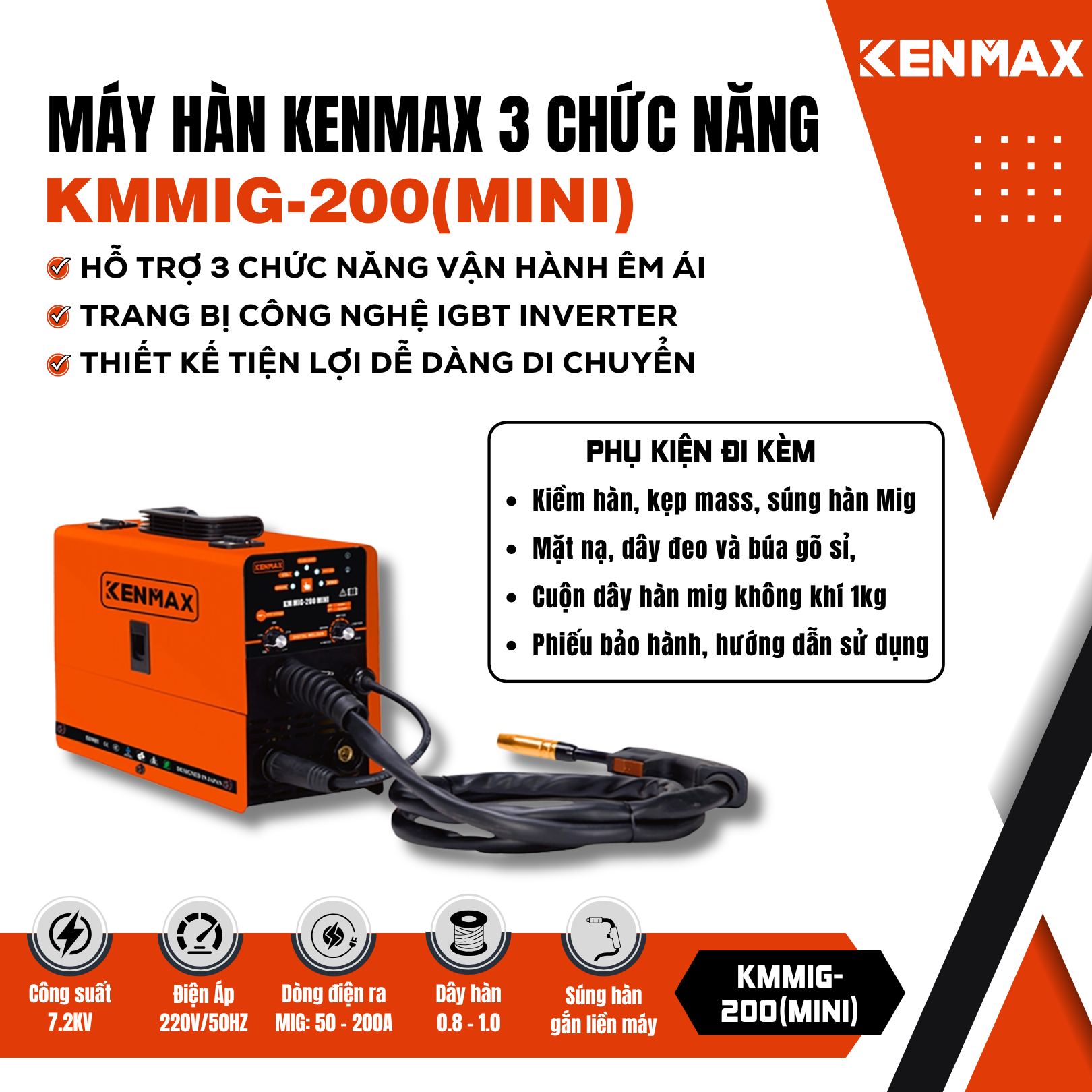 Máy hàn MIG 3 CHỨC NĂNG SÚNG LIỀN KENMAX | MIG-200MINI