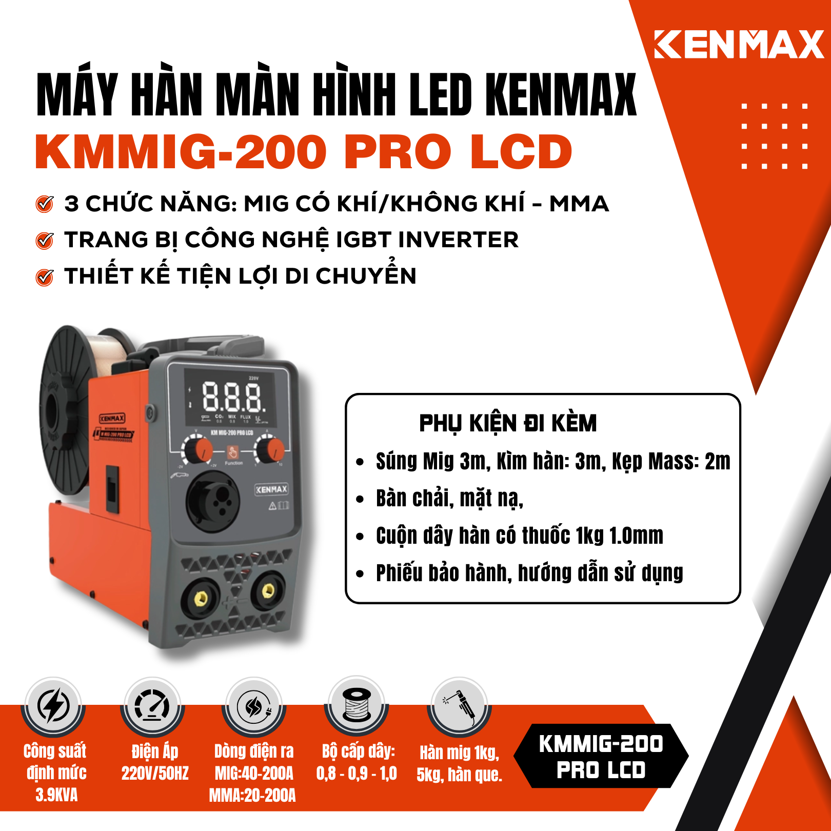 Máy hàn màn hình LED KM MIG-200 PRO LCD