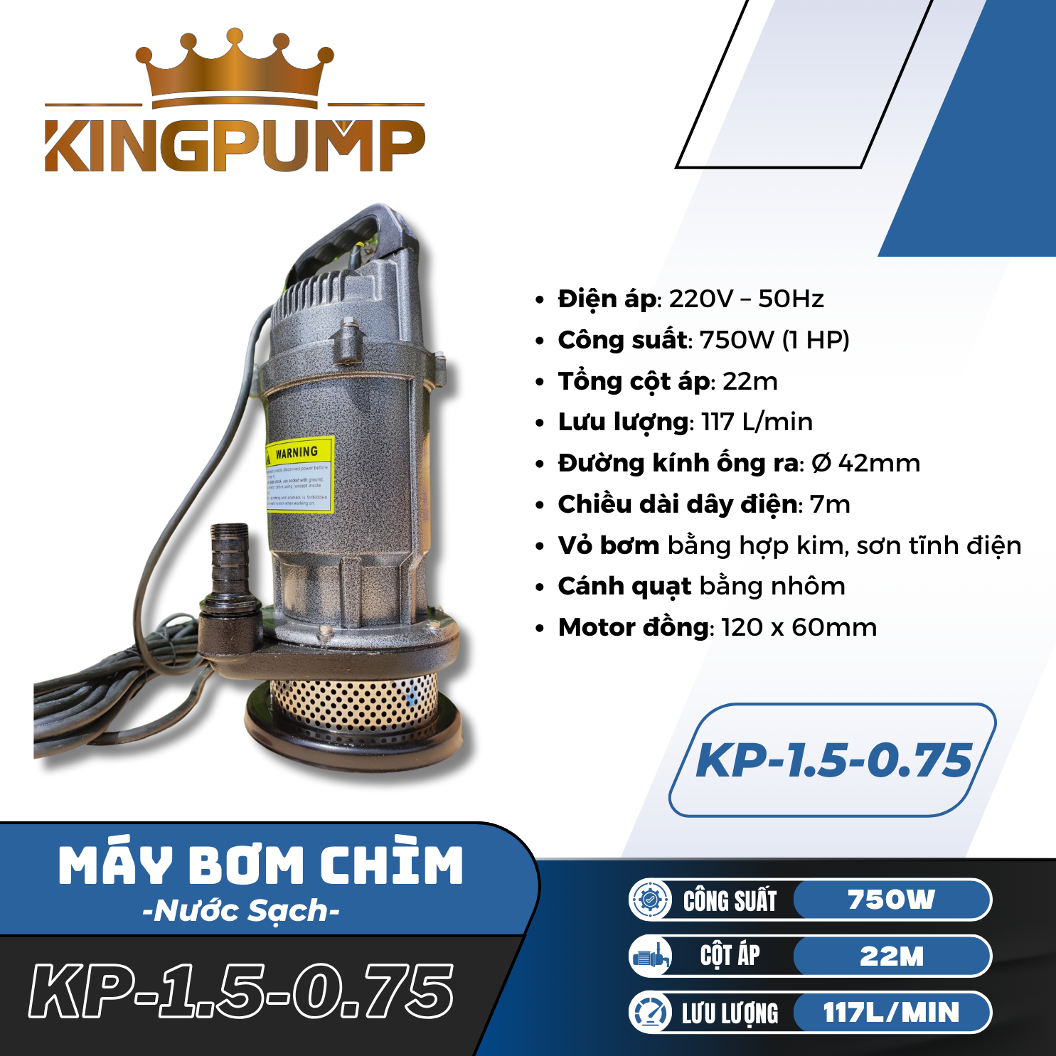 MÁY BƠM CHÌM KP-1.5-0.75  (NƯỚC SẠCH)