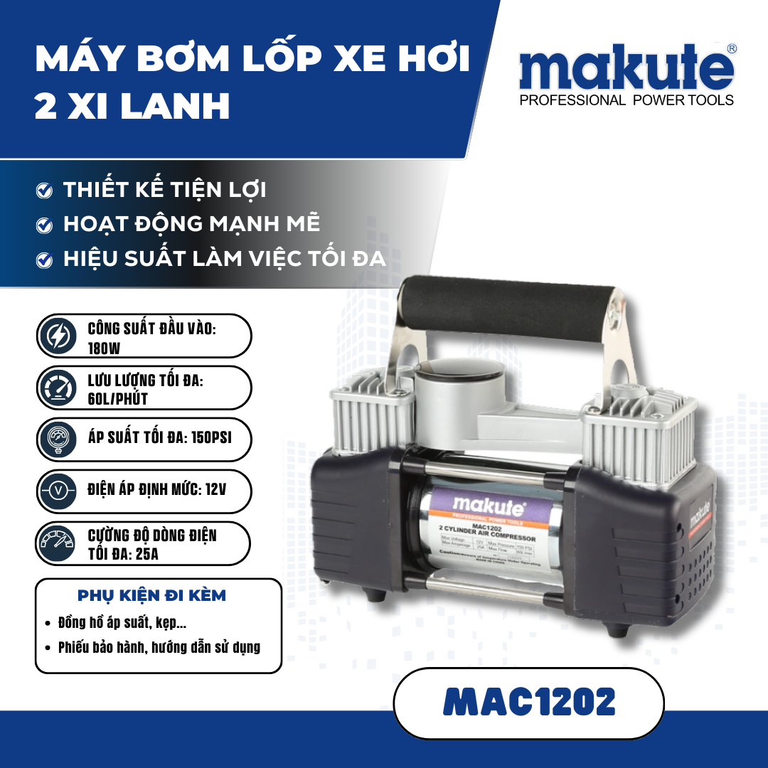 Máy Bơm Lốp xe Hơi, 2 xi lanh |  MAC1202