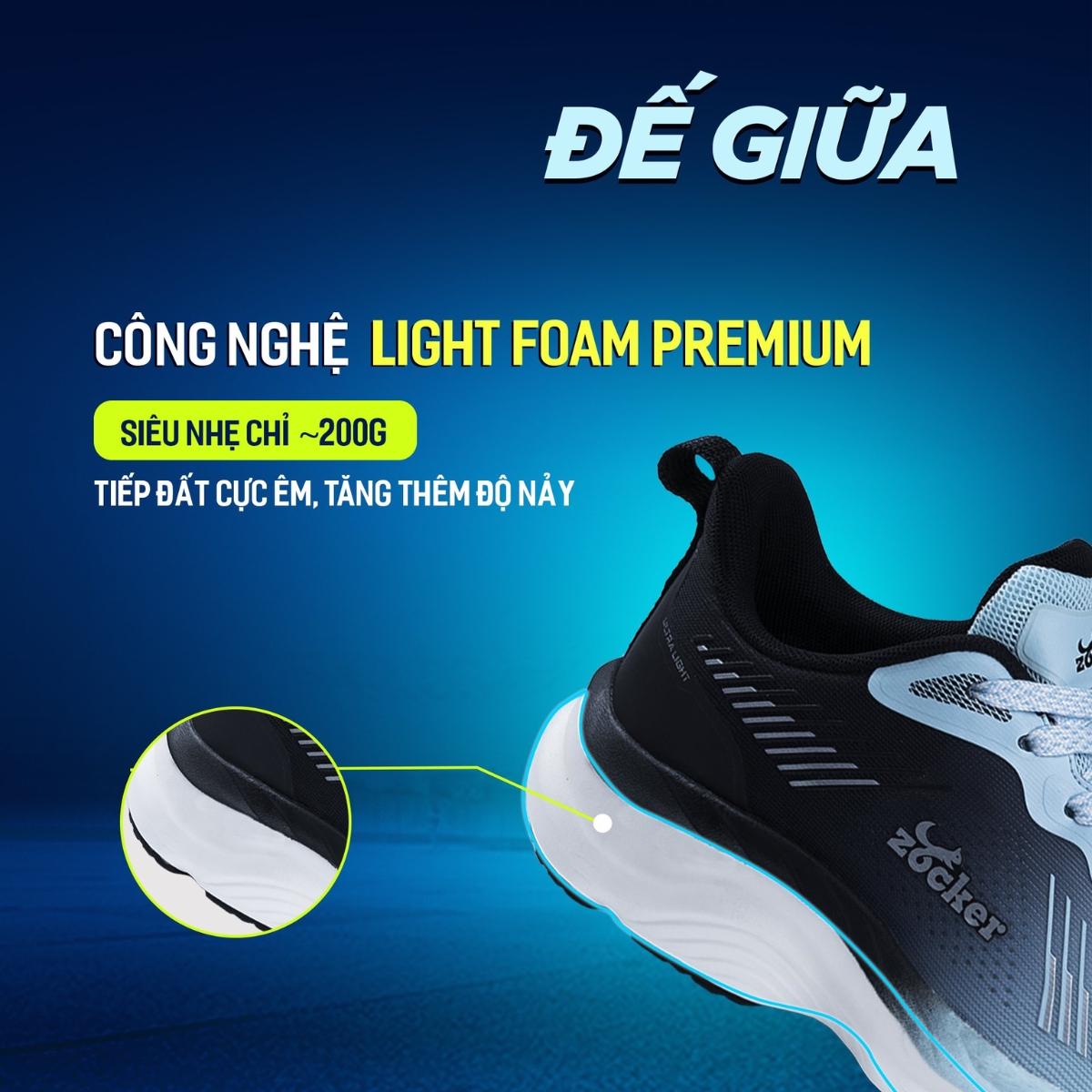 Giày chạy bộ Nam Nữ Zocker Ultra Light "Light Moon / Black" KOJI00000462 - Hàng Chính Hãng