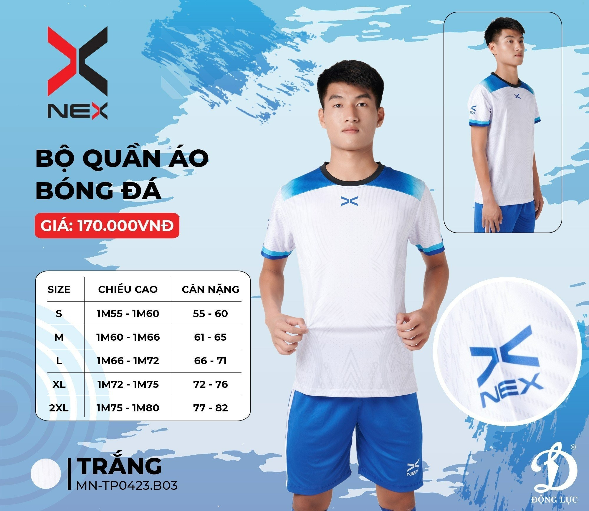 Bộ Quần Áo Bóng Đá Động Lực NEX "Trắng Xanh" MN-TP0423.B03 - Hàng Chính Hãng