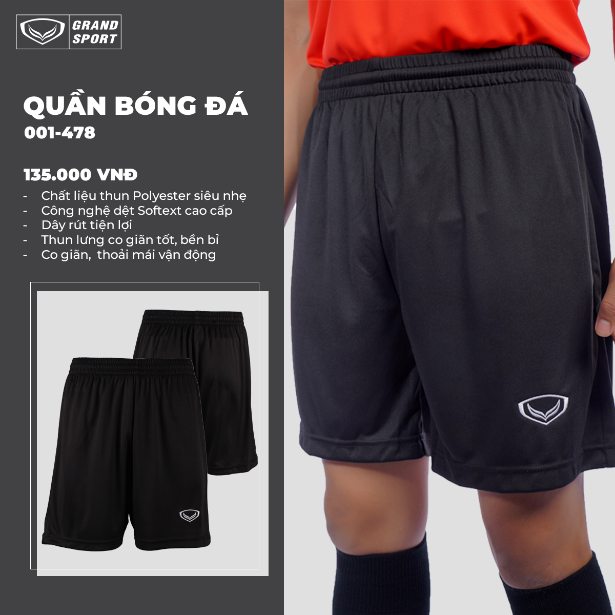 Quần bóng đá Grand Sport "Đen" GS-001478-1 - Hàng Chính Hãng