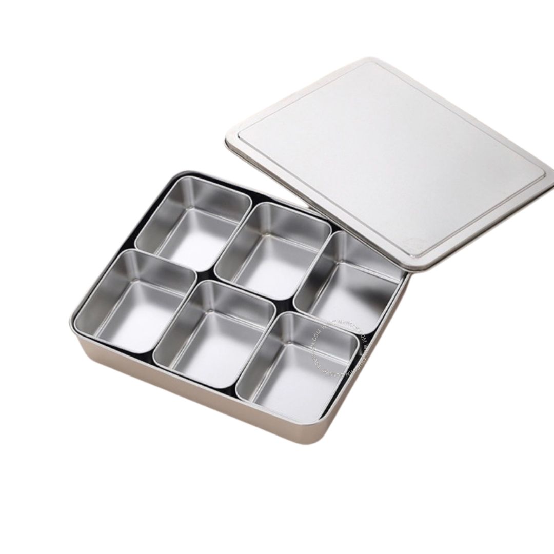 Khay inox đựng topping 6 ngăn kèm nắp
