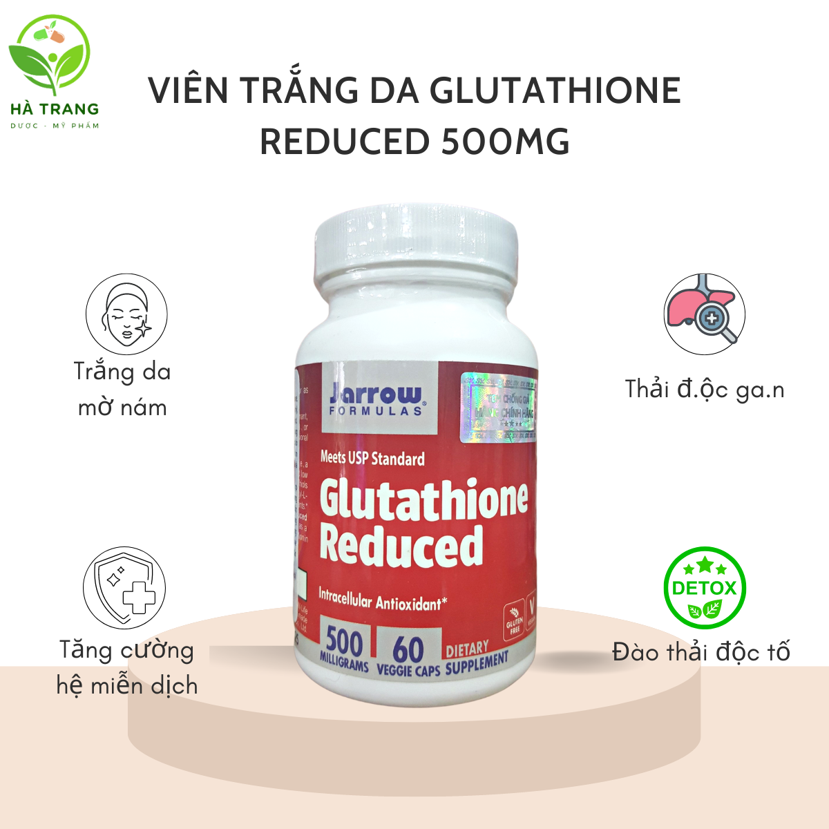 Viên uống Trắng da, ngăn ngừa nám Glutathione Reduced Jarrow Formulas Mỹ 500mg [loại trần]