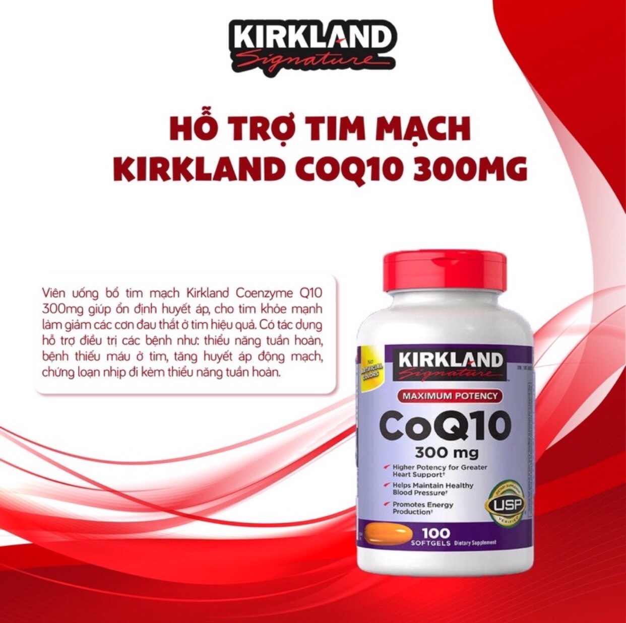 Viên uống Hỗ trợ Tim Mạch CoQ10 Kirkland Signature 300mg lọ 100 viên