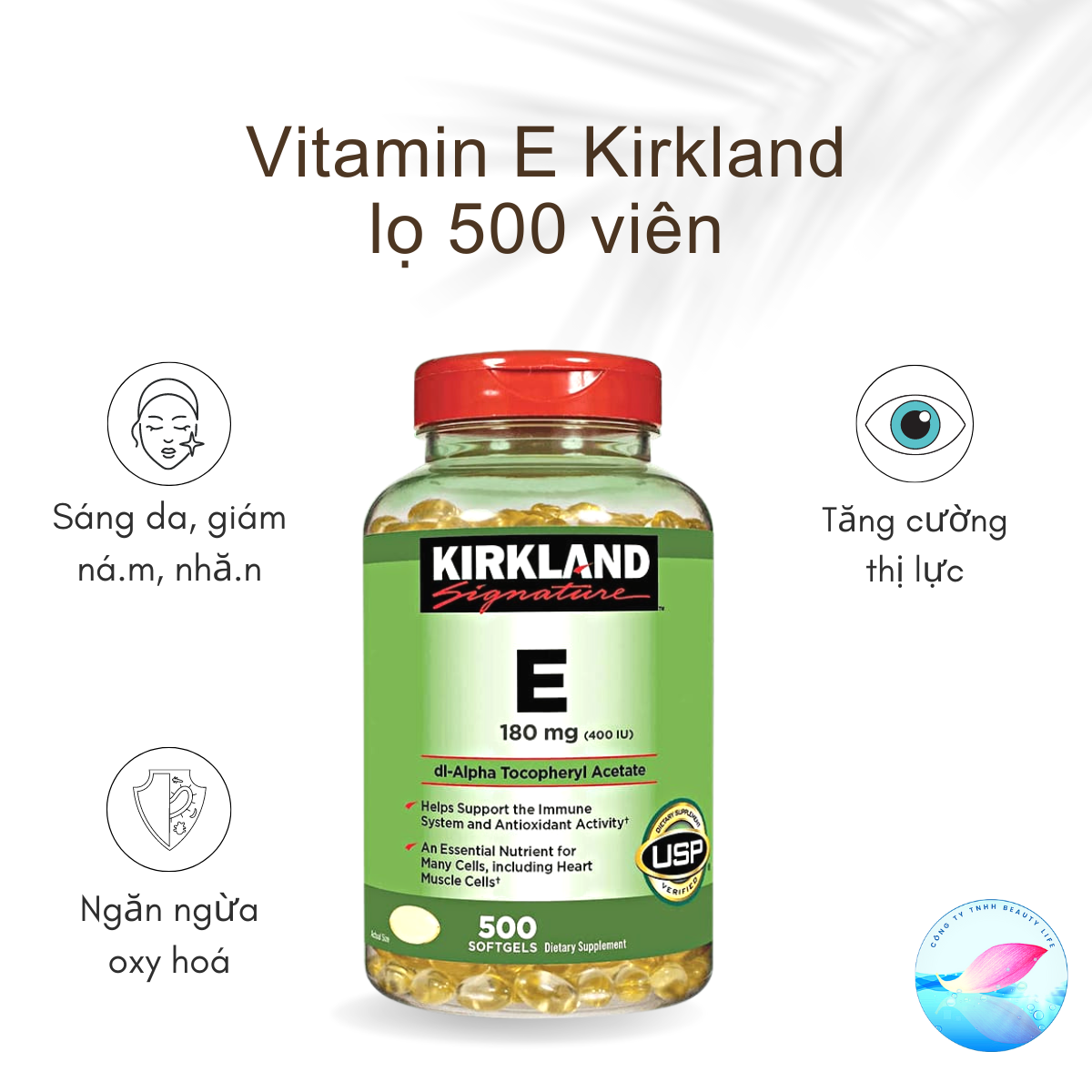 Viên Uống Vitamin E Kirkland 400 IU 500 - Hỗ Trợ Làm Đẹp Da, Chống Lão Hoá, Giảm Mụn Trứng Cá