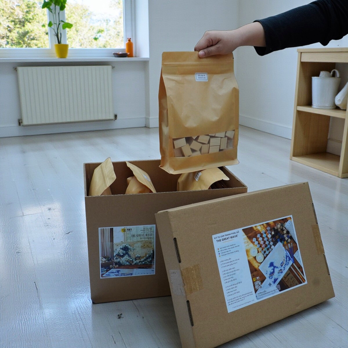 Kit Tự Làm Tranh Khảm Gỗ Mosaic The Great Wave Off Kanagawa (Sóng Lừng Ngoài Khơi) - Phong Cách Pixel Art