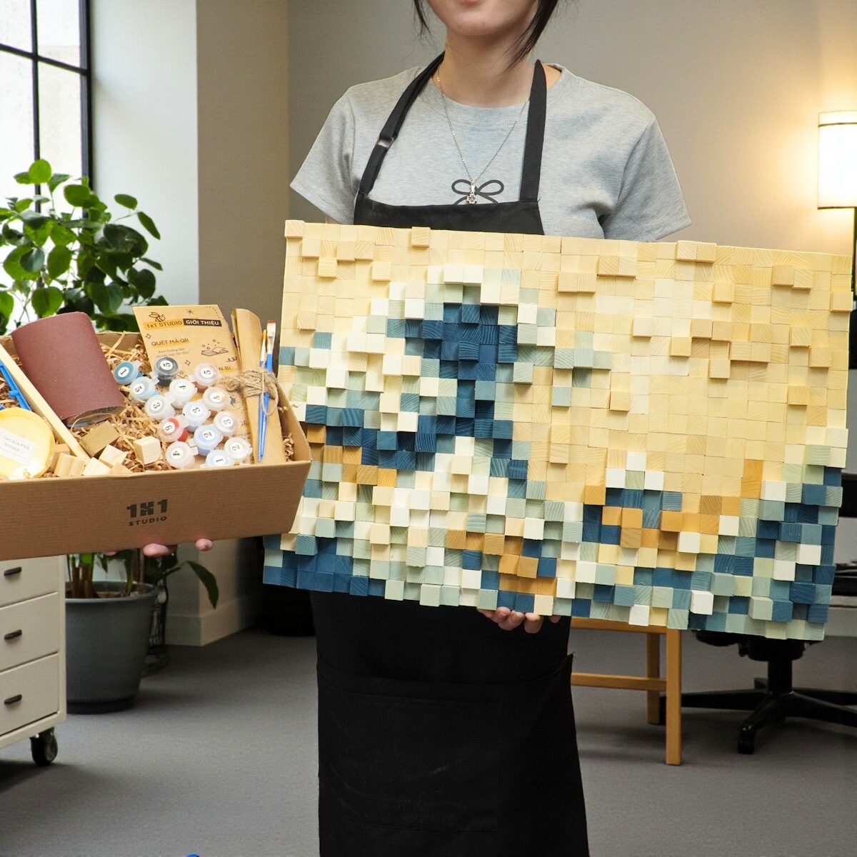 Kit Tự Làm Tranh Khảm Gỗ Mosaic The Great Wave Off Kanagawa (Sóng Lừng Ngoài Khơi) - Phong Cách Pixel Art