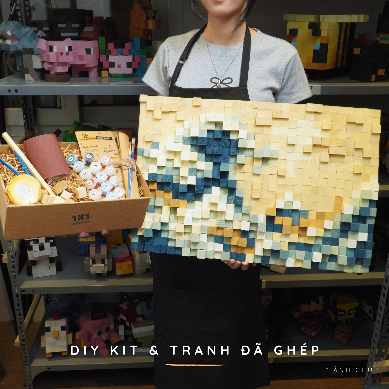 Kit Tự Làm Tranh Pixel Gỗ The Great Wave off Kanagawa (Blur)