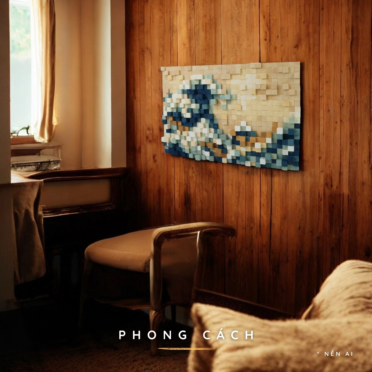 Kit Tự Làm Tranh Pixel Gỗ The Great Wave off Kanagawa (Blur)